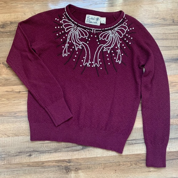 Anthropologie Field Flower Pearled Bow Embellished Sweater Size-XS - Picture 4 of 13